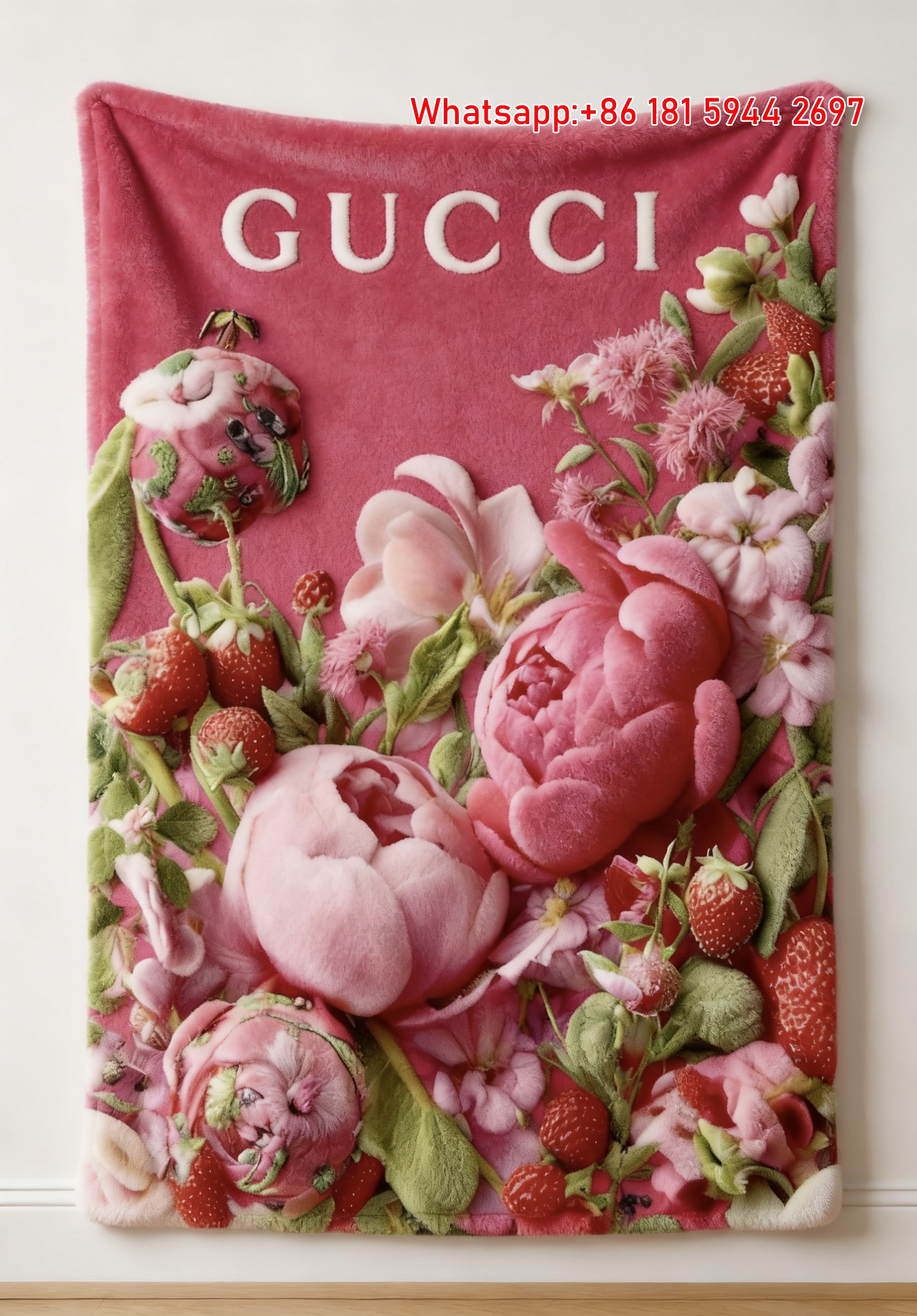 Gucci Pink Peony & Strawberry Throw blankets Gucci Vibrant Floral Fruit Tapestry IMG_2815